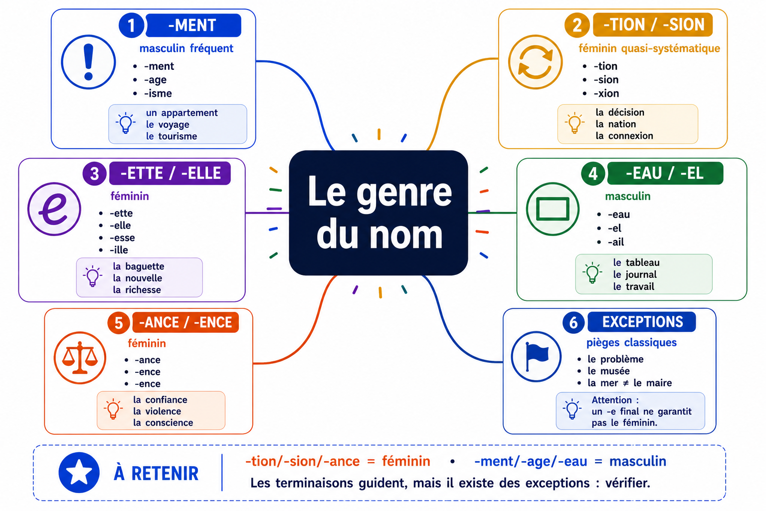 Carte mentale des terminaisons de noms masculins et féminins